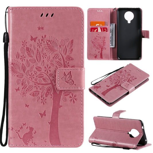 For Nokia G10 Tree & Cat Pattern Pressed Printing Horizontal Flip PU Leather Case with Holder & Card Slots & Wallet & Lanyard(Pink) - Nokia Cases by buy2fix | Online Shopping UK | buy2fix