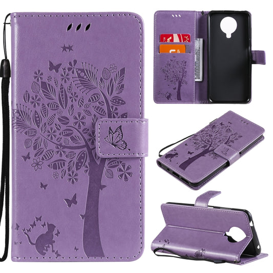 For Nokia G10 Tree & Cat Pattern Pressed Printing Horizontal Flip PU Leather Case with Holder & Card Slots & Wallet & Lanyard(Lavender) - Nokia Cases by buy2fix | Online Shopping UK | buy2fix