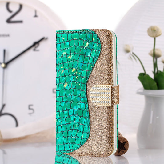 For iPhone 13 Pro Laser Glitter Powder Matching Crocodile Texture Horizontal Flip Leather Case with Card Slots & Holder & Wallet (Green) - iPhone 13 Pro Cases by buy2fix | Online Shopping UK | buy2fix