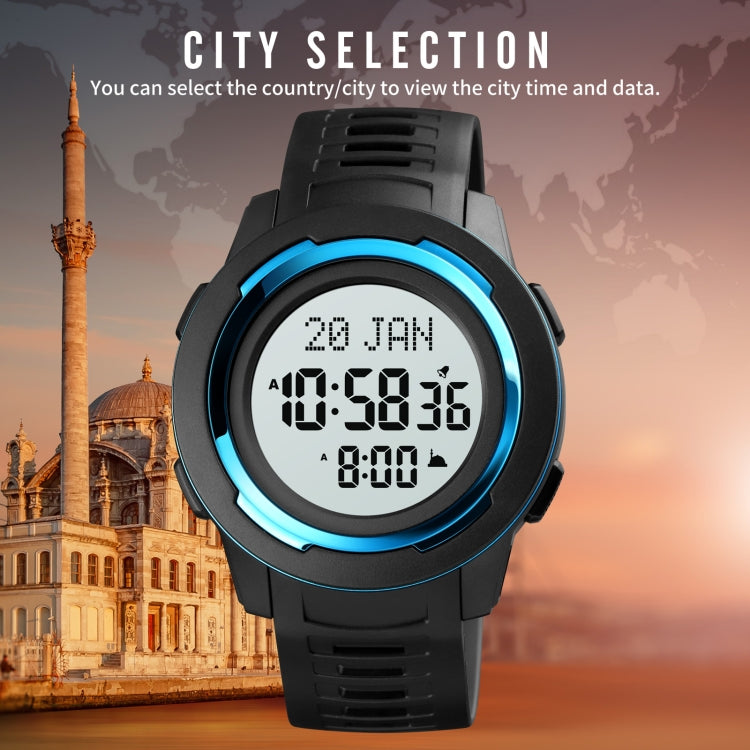 SKMEI 1729 Qibla Calendar Timing Multifunctional LED Digital Display Luminous Electronic Watch(Blue and Black) - LED Digital Watches by SKMEI | Online Shopping UK | buy2fix