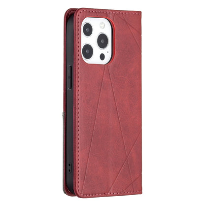 For iPhone 13 Pro Rhombus Texture Horizontal Flip Magnetic Leather Case with Holder & Card Slots (Red) - iPhone 13 Pro Cases by buy2fix | Online Shopping UK | buy2fix