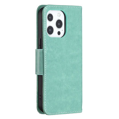 For iPhone 13 Pro Embossing Two Butterflies Pattern Horizontal Flip PU Leather Case with Holder & Card Slot & Wallet & Lanyard (Green) - iPhone 13 Pro Cases by buy2fix | Online Shopping UK | buy2fix