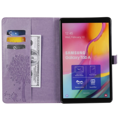 For Galaxy Tab A 10.1 (2019) Pressed Printing Cat and Tree Pattern Horizontal Flip Leather Case with Holder & Card Slots & Wallet(Purple) - Tab A 10.1 (2019) T510 / T515 by buy2fix | Online Shopping UK | buy2fix