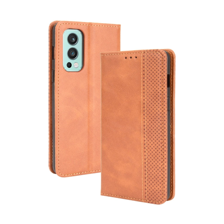 For OnePlus Nord 2 5G Magnetic Buckle Retro Crazy Horse Texture Horizontal Flip Leather Case with Holder & Card Slots & Photo Frame(Brown) - OnePlus Cases by buy2fix | Online Shopping UK | buy2fix