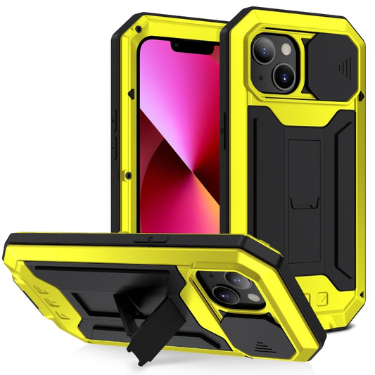 For iPhone 13 R-JUST Sliding Camera Shockproof Life Waterproof Dust-proof Metal + Silicone Protective Case with Holder(Yellow) - iPhone 13 Cases by R-JUST | Online Shopping UK | buy2fix