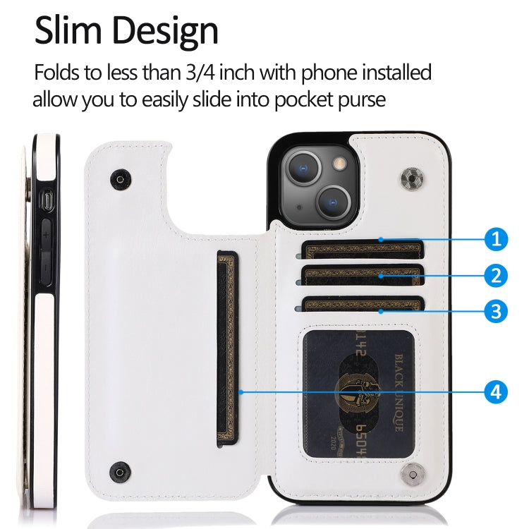 For iPhone 13 Double Buckle Shockproof PU Protective Case with Card Slots & Holder(White) - iPhone 13 Cases by buy2fix | Online Shopping UK | buy2fix