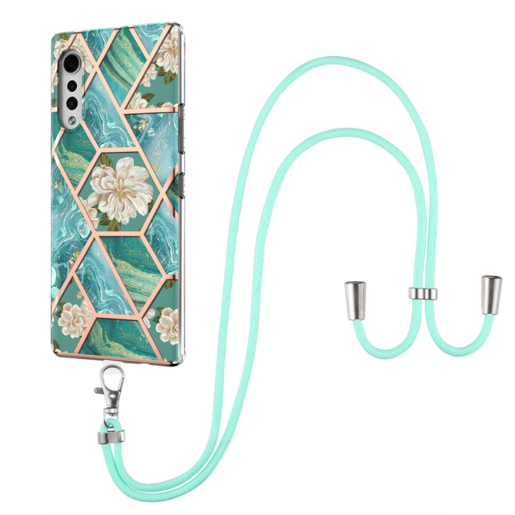 For LG Velvet 4G / Velvet 5G / G9 Electroplating Splicing Marble Flower Pattern TPU Shockproof Case with Lanyard(Blue Flower) - LG by buy2fix | Online Shopping UK | buy2fix