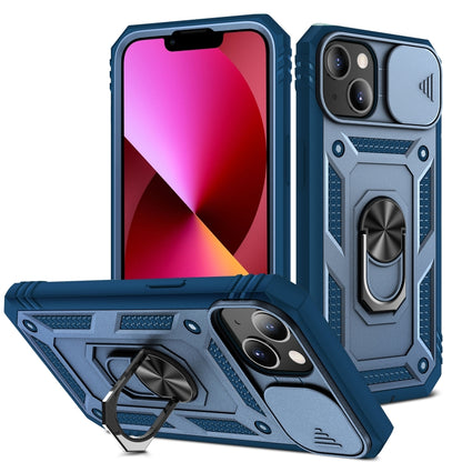 For iPhone 13 Sliding Camera Cover Design TPU + PC Protective Case with 360 Degree Rotating Holder & Card Slot(Blue+Blue) - iPhone 13 Cases by buy2fix | Online Shopping UK | buy2fix