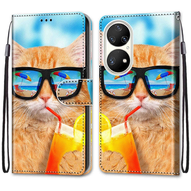 For Huawei P50 Pro Coloured Drawing Cross Texture Horizontal Flip PU Leather Case with Holder & Card Slots & Wallet & Lanyard(Cat Drinking Soda) - Huawei Cases by buy2fix | Online Shopping UK | buy2fix