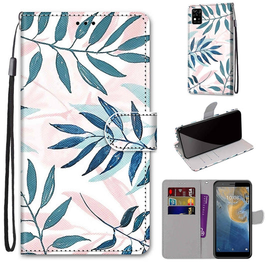 For ZTE Blade A31 Coloured Drawing Cross Texture Horizontal Flip PU Leather Case with Holder & Card Slots & Wallet & Lanyard(Pink Green Leaf) - ZTE Cases by buy2fix | Online Shopping UK | buy2fix