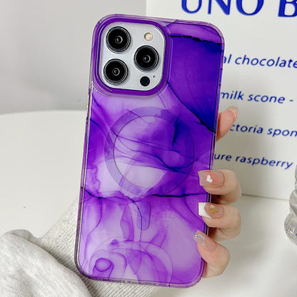 For iPhone 14 Pro Max Marble Dual-side Laminating Magsafe Phone Case(White Purple) - iPhone 14 Pro Max Cases by buy2fix | Online Shopping UK | buy2fix