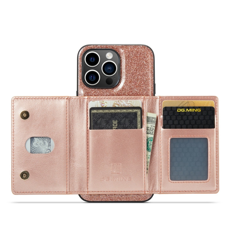 For iPhone 14 Pro DG.MING M3 Series Glitter Powder Card Bag Leather Case(Rose Gold) - iPhone 14 Pro Cases by DG.MING | Online Shopping UK | buy2fix