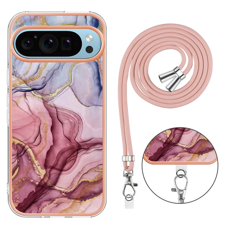 For Google Pixel 9 Pro XL Electroplating Marble Dual-side IMD Phone Case with Lanyard(Rose Red 014) - Google Cases by buy2fix | Online Shopping UK | buy2fix