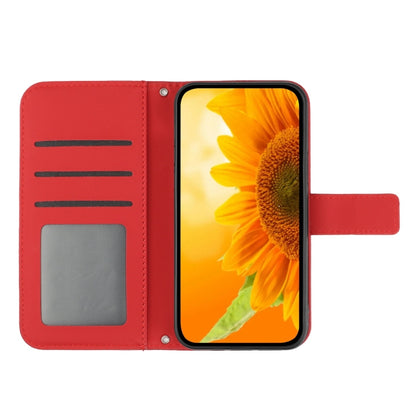 For iPhone 16 Pro Max Skin Feel Sun Flower Embossed Flip Leather Phone Case with Lanyard(Red) - iPhone 16 Pro Max Cases by buy2fix | Online Shopping UK | buy2fix