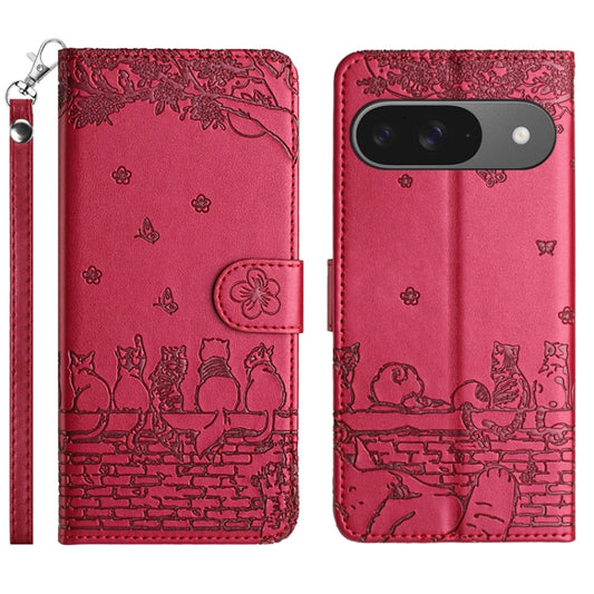 For Google Pixel 9 / 9 Pro Cat Embossing Pattern Leather Phone Case with Lanyard(Red) - Google Cases by buy2fix | Online Shopping UK | buy2fix