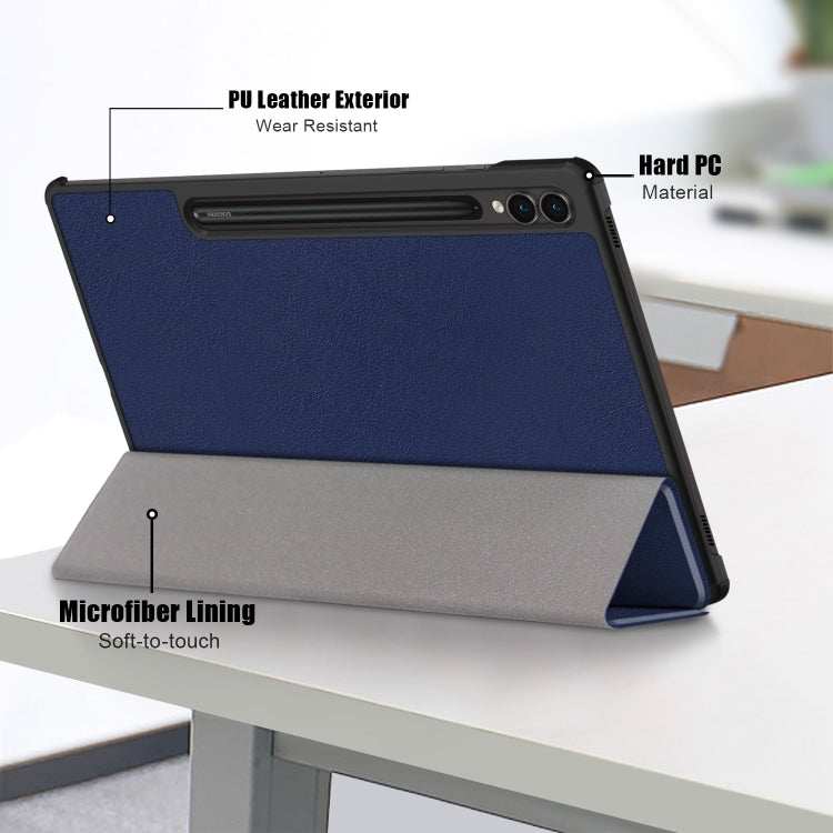 For Samsung Galaxy Tab S9+ Custer Pure Color 3-Fold Holder Smart Leather Tablet Case(Dark Blue) - Galaxy Tab S9+ Cases by buy2fix | Online Shopping UK | buy2fix