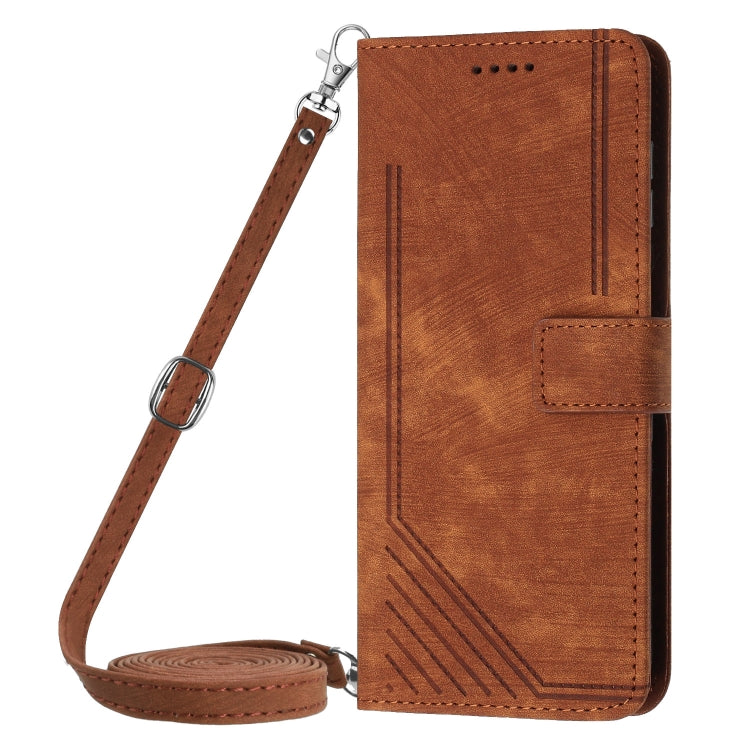 For Infinix Hot 40 / 40 Pro Skin Feel Stripe Pattern Leather Phone Case with Lanyard(Brown) - Infinix Cases by buy2fix | Online Shopping UK | buy2fix