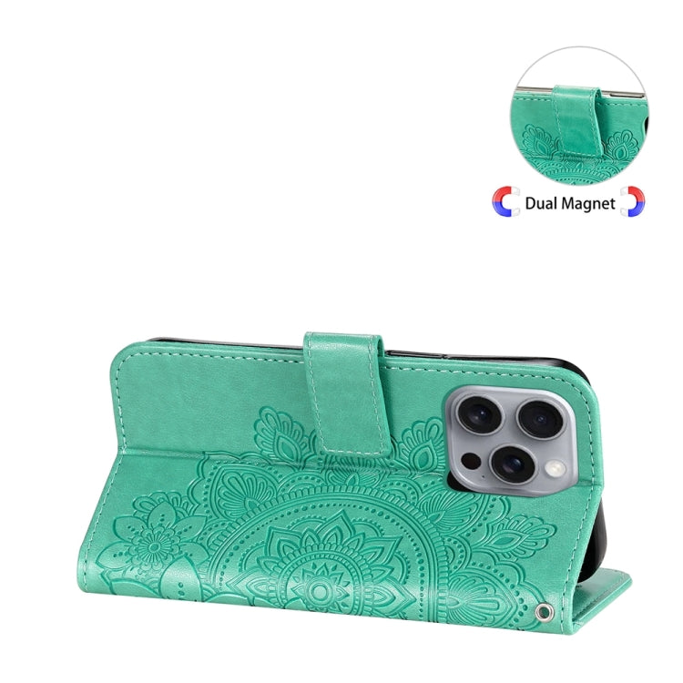 For iPhone 16 Pro Max 7-petal Flowers Embossing Leather Phone Case(Green) - iPhone 16 Pro Max Cases by buy2fix | Online Shopping UK | buy2fix