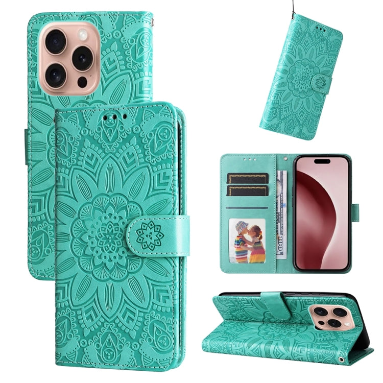 For iPhone 16 Pro Embossed Sunflower Leather Phone Case(Green) - iPhone 16 Pro Cases by buy2fix | Online Shopping UK | buy2fix