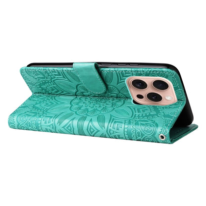 For iPhone 16 Pro Embossed Sunflower Leather Phone Case(Green) - iPhone 16 Pro Cases by buy2fix | Online Shopping UK | buy2fix