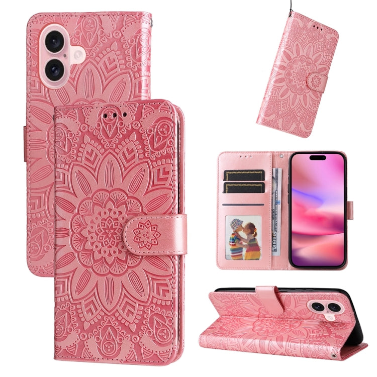 For iPhone 16 Embossed Sunflower Leather Phone Case(Pink) - iPhone 16 Cases by buy2fix | Online Shopping UK | buy2fix