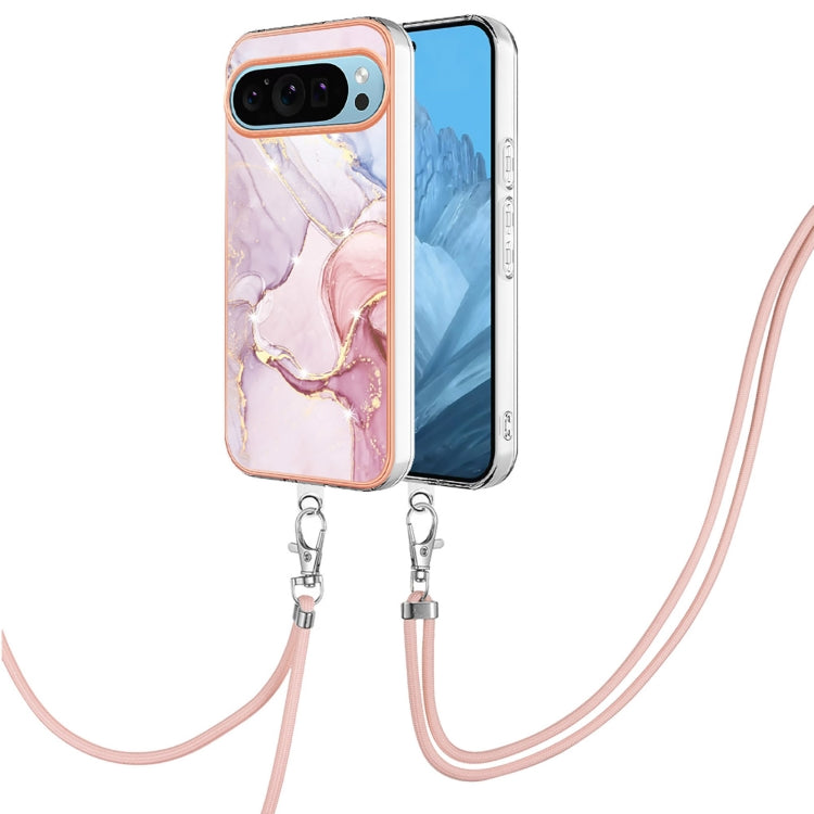 For Google Pixel 9 / 9 Pro Electroplating Marble Dual-side IMD Phone Case with Lanyard(Rose Gold 005) - Google Cases by buy2fix | Online Shopping UK | buy2fix