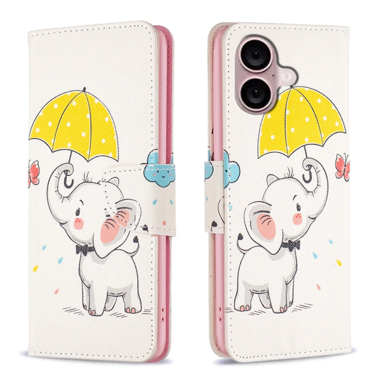 For iPhone 16 Colored Drawing Pattern Flip Leather Phone Case(Umbrella Elephant) - iPhone 16 Cases by buy2fix | Online Shopping UK | buy2fix