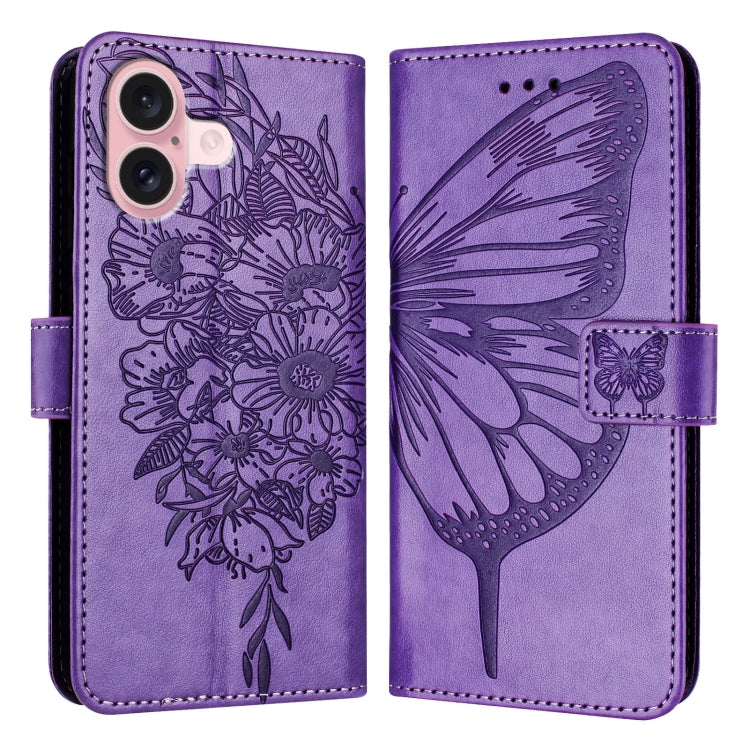 For iPhone 16 Embossed Butterfly Leather Phone Case(Light Purple) - iPhone 16 Cases by buy2fix | Online Shopping UK | buy2fix