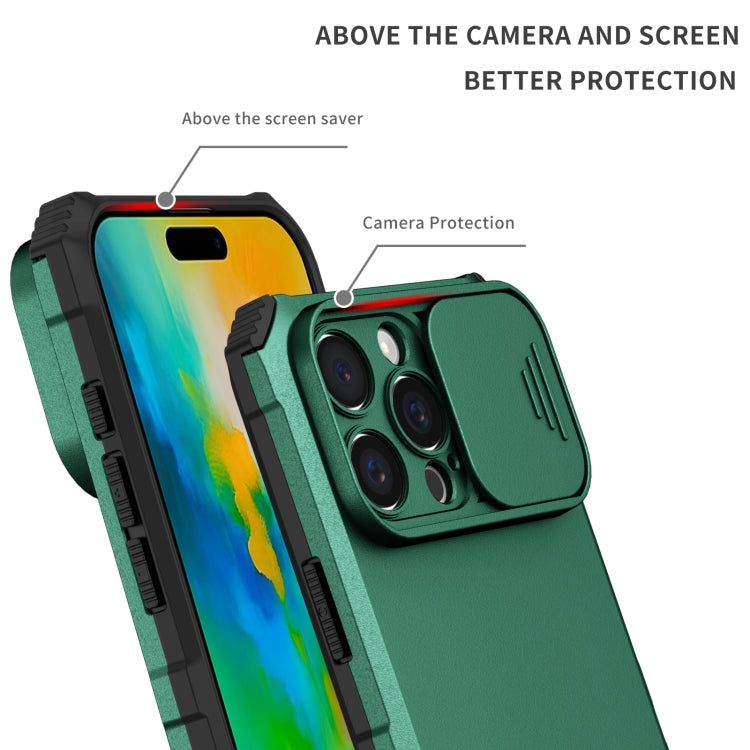 For iPhone 16 Pro Stereoscopic Holder Sliding Camshield Phone Case(Green) - iPhone 16 Pro Cases by buy2fix | Online Shopping UK | buy2fix