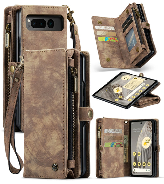 For Google Pixel Fold CaseMe 008 Detachable Multifunctional Retro Frosted Horizontal Flip Phone Leather Case with Zipper Wallet(Brown) - Google Cases by CaseMe | Online Shopping UK | buy2fix