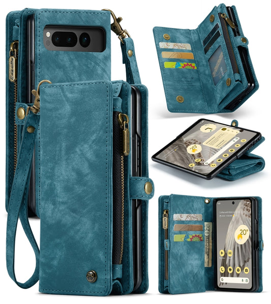 For Google Pixel Fold CaseMe 008 Detachable Multifunctional Retro Frosted Horizontal Flip Phone Leather Case with Zipper Wallet(Blue) - Google Cases by CaseMe | Online Shopping UK | buy2fix