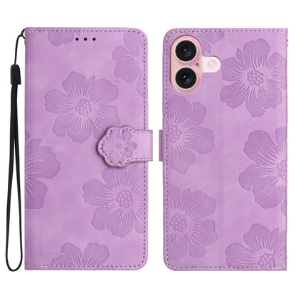 For iPhone 16 Flower Embossing Pattern Leather Phone Case(Purple) - iPhone 16 Cases by buy2fix | Online Shopping UK | buy2fix