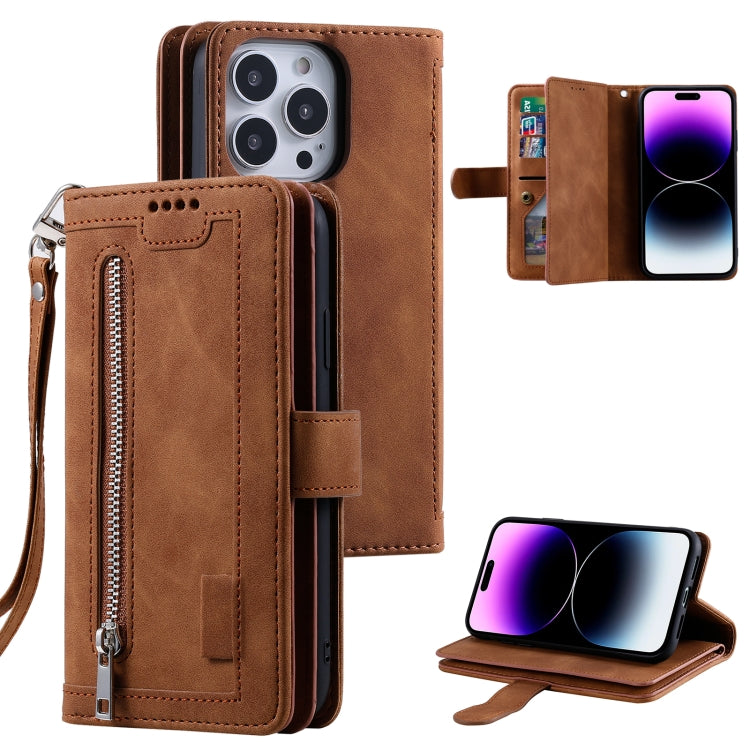 For iPhone 16 Pro Nine Card Zipper Bag Leather Phone Case with Lanyard(Brown) - iPhone 16 Pro Cases by buy2fix | Online Shopping UK | buy2fix