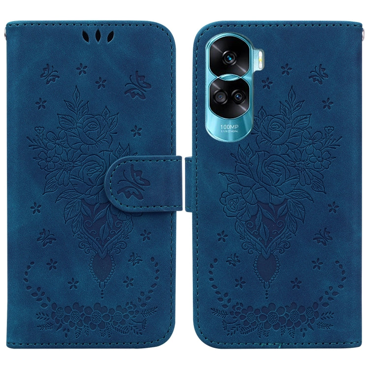 For Honor 90 Lite Butterfly Rose Embossed Leather Phone Case(Blue) - Honor Cases by buy2fix | Online Shopping UK | buy2fix