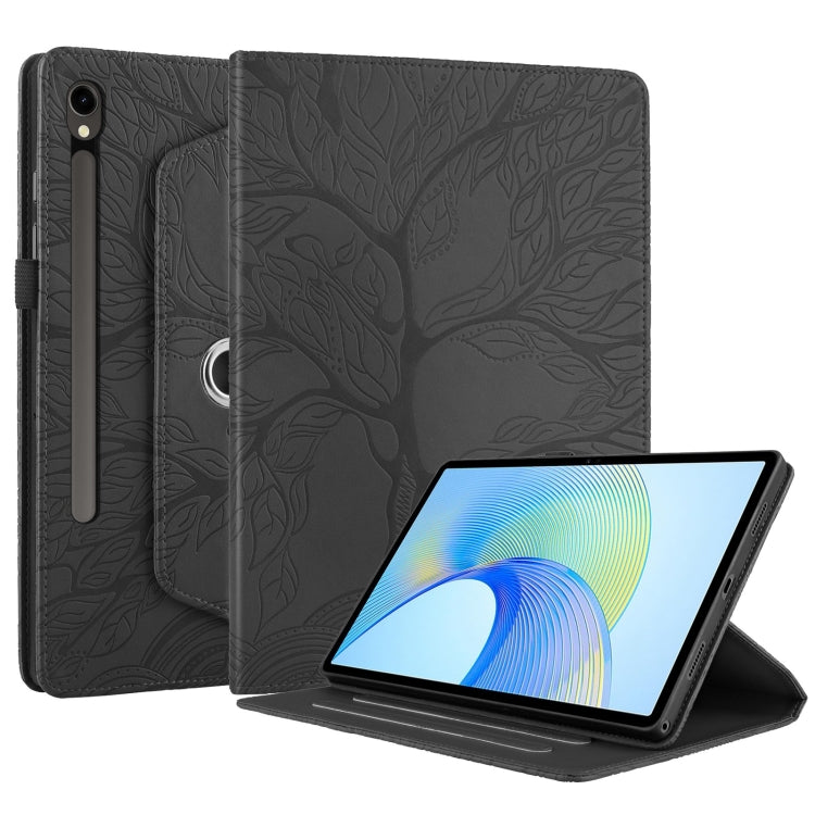 For Samsung Galaxy Tab S9 FE / S9 X510 Tree Life Embossed Rotation Leather Smart Tablet Case(Black) - Galaxy Tab S9 FE by buy2fix | Online Shopping UK | buy2fix