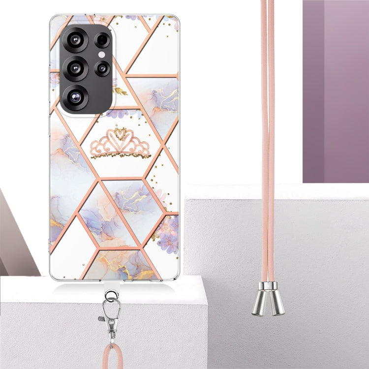 For Samsung Galaxy S25 Ultra 5G Electroplating Splicing Marble Flower IMD TPU Phone Case with Lanyard(Crown) - Galaxy S25 Ultra 5G Cases by buy2fix | Online Shopping UK | buy2fix