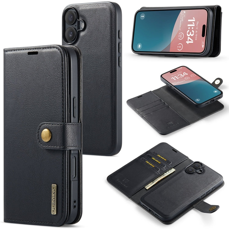 For iPhone 16 DG.MING Crazy Horse Texture Detachable Magnetic Leather Phone Case(Black) - iPhone 16 Cases by DG.MING | Online Shopping UK | buy2fix