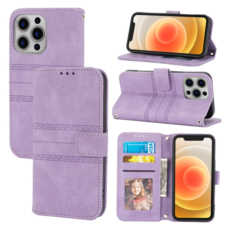 For iPhone 16 Pro Embossed Stripes Skin Feel Leather Phone Case(Light Purple) - iPhone 16 Pro Cases by buy2fix | Online Shopping UK | buy2fix