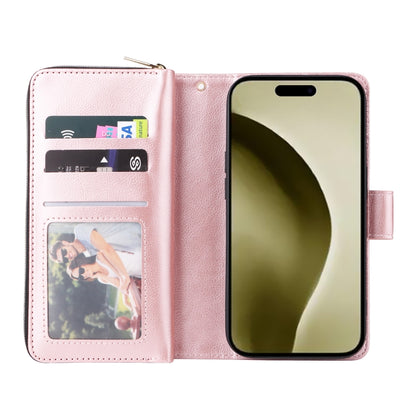 For iPhone 16 Pro 9 Card Slots Zipper Wallet Bag Leather Phone Case(Rose Gold) - iPhone 16 Pro Cases by buy2fix | Online Shopping UK | buy2fix