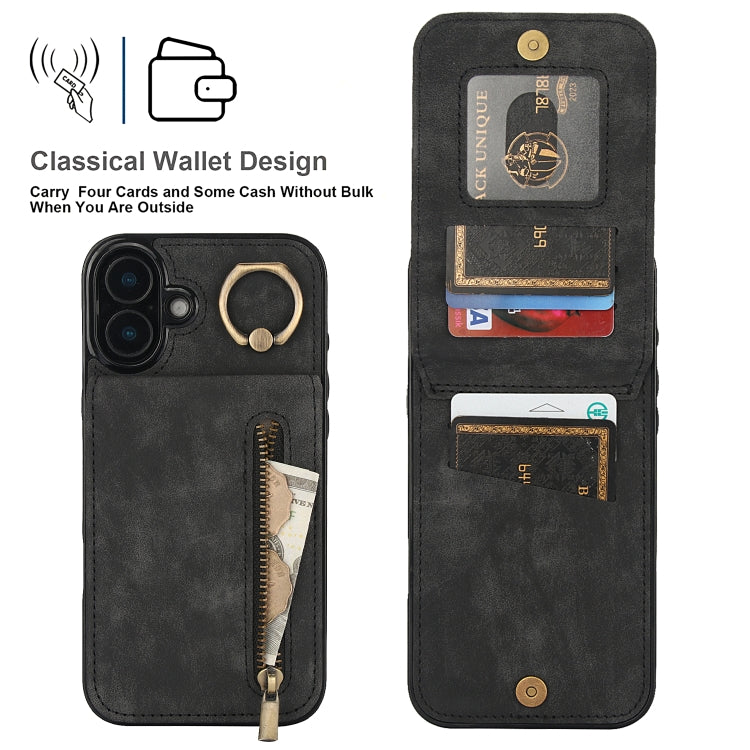 For iPhone 16 Plus Retro Ring and Zipper RFID Card Slot Phone Case(Black) - iPhone 16 Plus Cases by buy2fix | Online Shopping UK | buy2fix