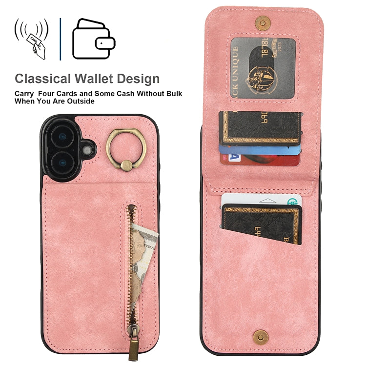 For iPhone 16 Retro Ring and Zipper RFID Card Slot Phone Case(Pink) - iPhone 16 Cases by buy2fix | Online Shopping UK | buy2fix