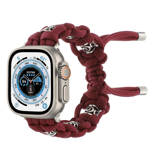 For Apple Watch Ultra 49mm Silk Silver Beads Braided Watch Band(Wine Red) - Watch Bands by buy2fix | Online Shopping UK | buy2fix