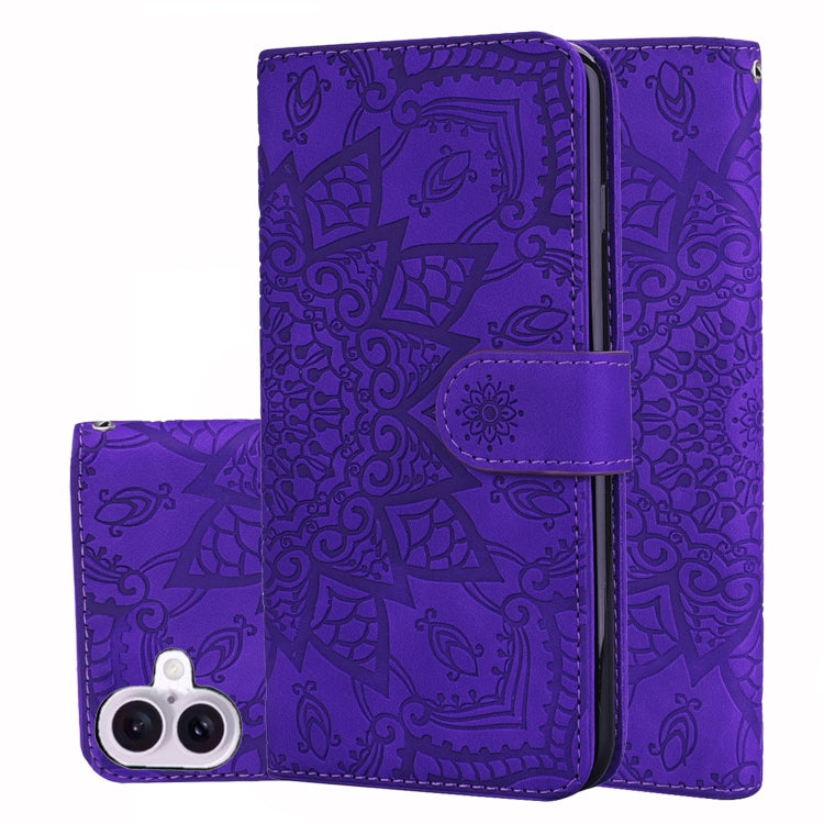 For iPhone 16 Plus Mandala Embossed Dual-Fold Calf Leather Phone Case(Purple) - iPhone 16 Plus Cases by buy2fix | Online Shopping UK | buy2fix