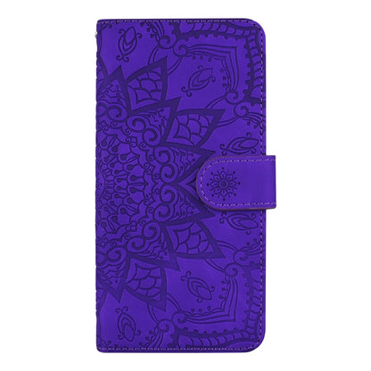 For iPhone 16 Plus Mandala Embossed Dual-Fold Calf Leather Phone Case(Purple) - iPhone 16 Plus Cases by buy2fix | Online Shopping UK | buy2fix