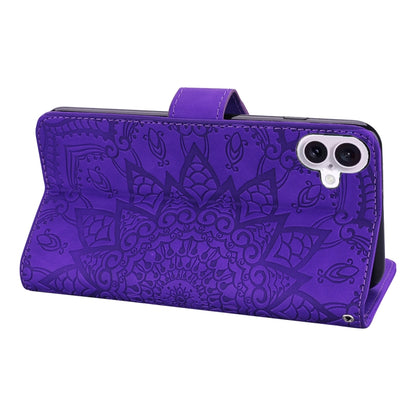 For iPhone 16 Plus Mandala Embossed Dual-Fold Calf Leather Phone Case(Purple) - iPhone 16 Plus Cases by buy2fix | Online Shopping UK | buy2fix