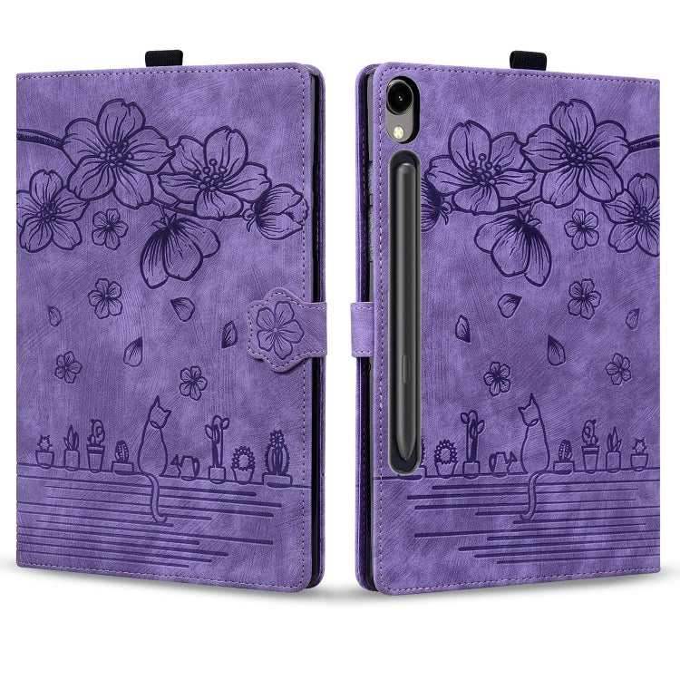 For Samsung Galaxy Tab S9 FE Cartoon Sakura Cat Embossed Leather Tablet Case(Purple) - Galaxy Tab S9 FE by buy2fix | Online Shopping UK | buy2fix