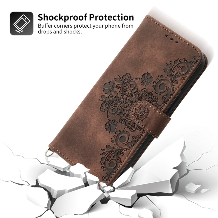 For iPhone SE 2024 Skin-feel Flowers Embossed Wallet Leather Phone Case(Brown) - More iPhone Cases by buy2fix | Online Shopping UK | buy2fix