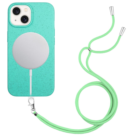 For iPhone 15 Wheat MagSafe Magnetic Straw Material + TPU Phone Case with Lanyard(Green) - iPhone 15 Cases by buy2fix | Online Shopping UK | buy2fix