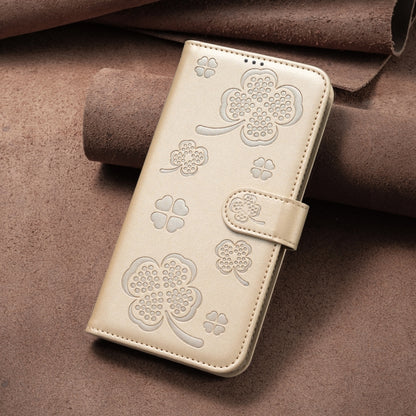 For iPhone 16 Four-leaf Embossed Leather Phone Case(Gold) - iPhone 16 Cases by buy2fix | Online Shopping UK | buy2fix