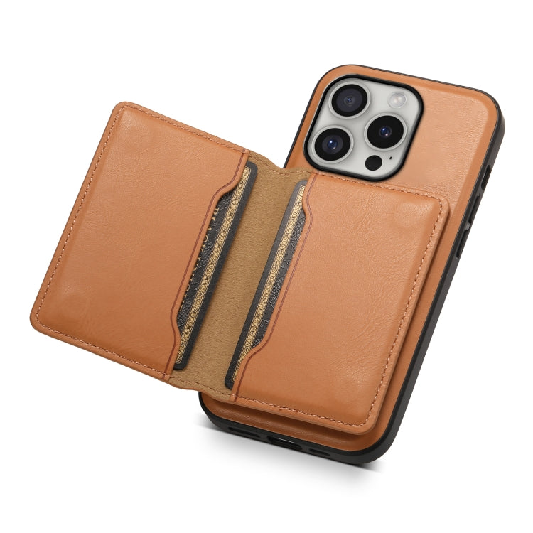 For iPhone 16 Pro Max Denior Cowhide Texture Leather MagSafe Detachable Wallet Phone Case(Khaki) - iPhone 16 Pro Max Cases by Denior | Online Shopping UK | buy2fix
